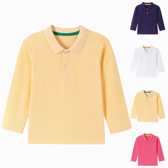 WAVSUF Girls Polo Shirt, Long Sleeve Henley Neck Solid Fall Warm School Top Yellow 7-8