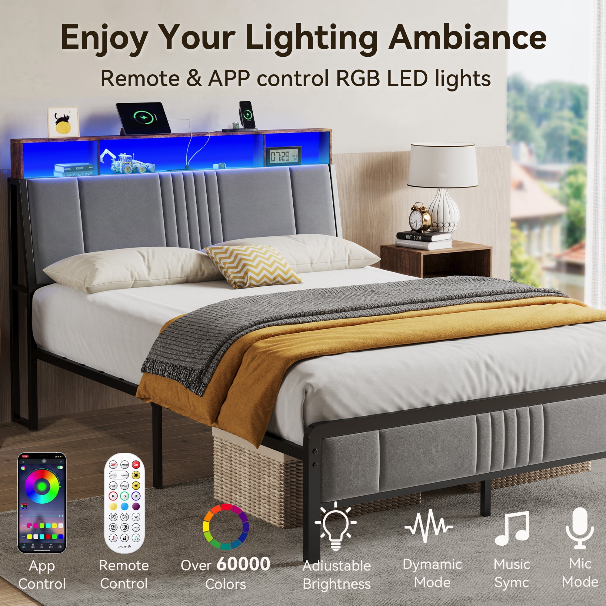 Sailvan Full Size Bed Frame with LED Lights Headboard, Full Bed Frame with Storage & USB Charging, Cushion, Metal Platform Bed Full, No Box Spring Needed, Easy Assembly, Gray