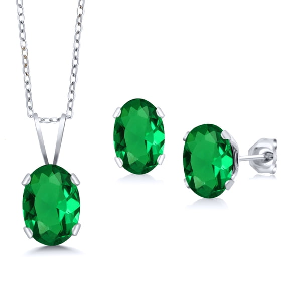 Gem Stone King 925 Sterling Silver Green Nano Emerald Pendant Earrings Jewelry Set for Women | 1.40 Cttw | Gemstone May Birthstone | Oval 7X5MM | with 18 inch Chain