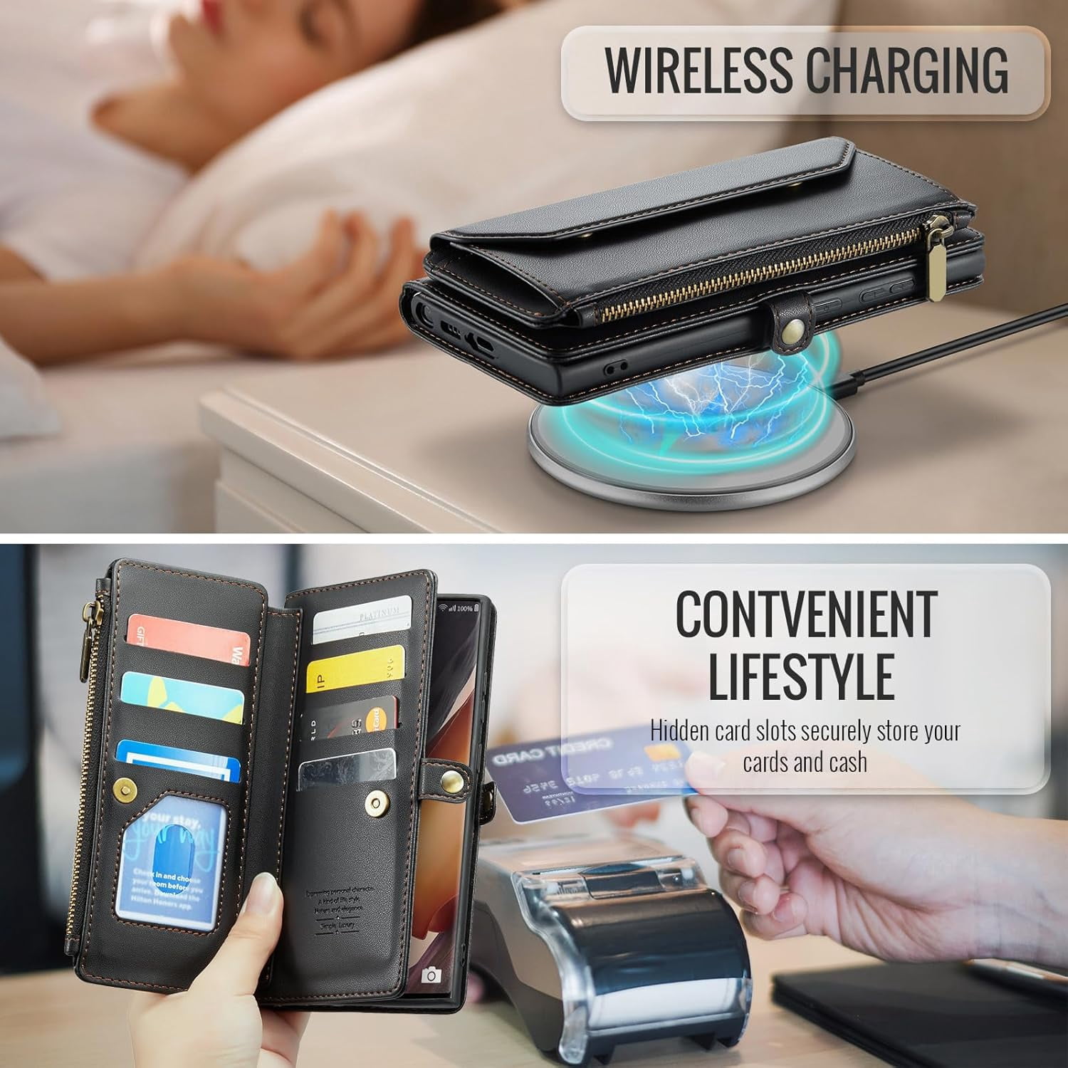 Phone Case for Samsung Galaxy Note 20 Ultra 5G Zipper Wallet Cover with Screen Protector and Flip RFID Blocking Card Holder Cell Note20 Plus Notes 20Ultra Note20+ U + 20+ Twenty Not S20 Women Black