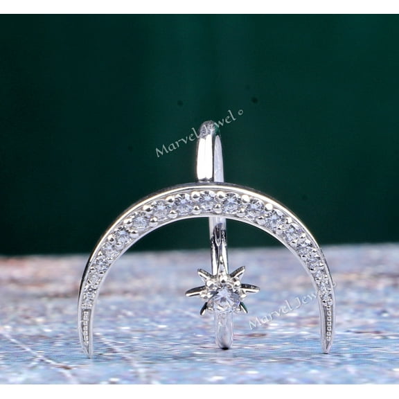 Celestial Moon And Star Diamond Engagement Ring, Open Cuff Diamond Ring, 1.8 Ct Simulated Diamond, 925 Sterling Silver Ring, Classic Party Wear Ring For Women