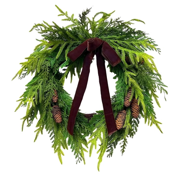 VANIDO Cedar And Pinecones Christmas Wreath,Christmas Reef for Front Door Green And Brown with Burgundy Velvet Ribbon Christmas Wreath,Door Christmas Wreath,20"