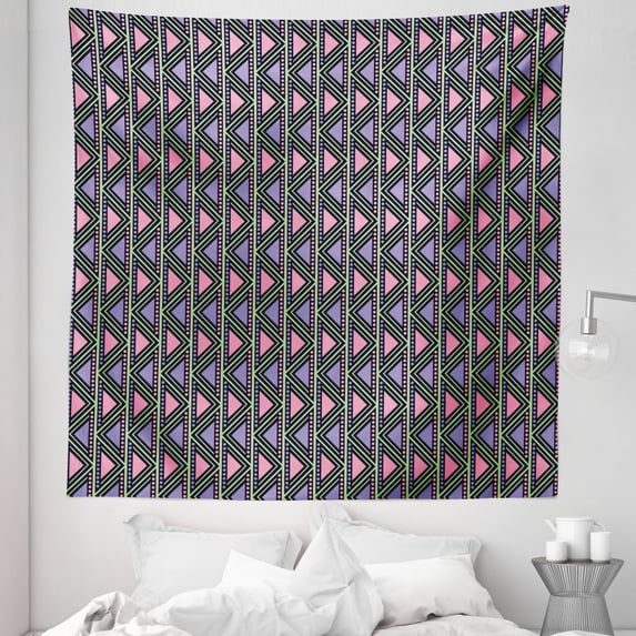 Tribal Tapestry, Chevron Zigzag with Dot and Vertical Lines Pattern Abstract Motifs, Fabric Wall Hanging Decor for Bedroom Living Room Dorm, 5 Sizes, Pink Lilac Pale Green, by Ambesonne