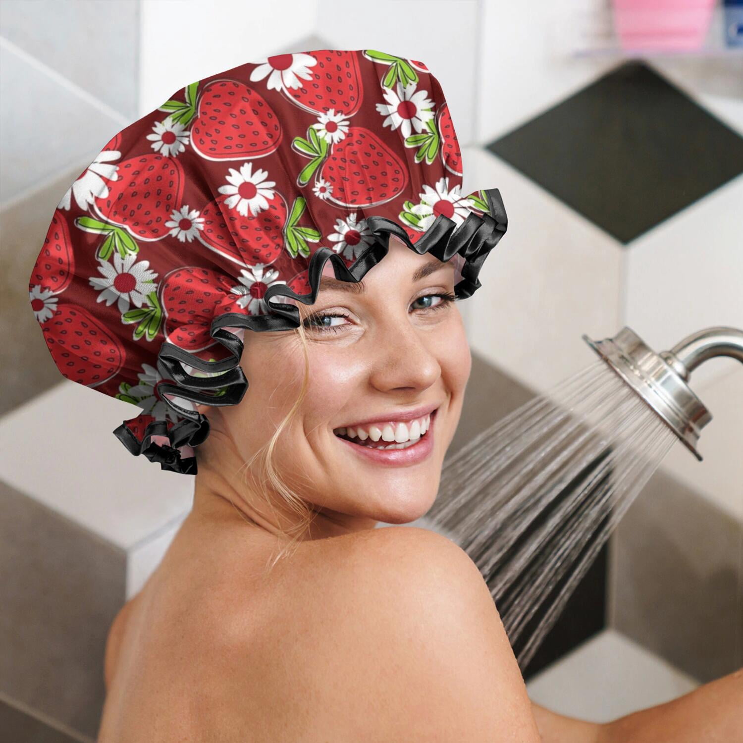 Shower Caps,Red Strawberry Plants Fruit Flower Waterproof Shower Cap for Women 4 Pieces,Double Reusable Hair Cover for Shower PEVA Elastic Stretch Hem