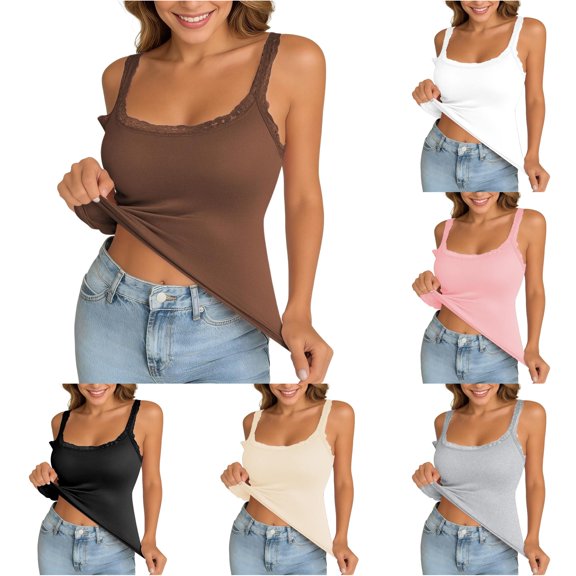 Tank With Built In Bras Lace Spaghetti Strap Camisole Casual Padded Sleeveless Ribbed Shirts Tan Top plus Size Womens Spaghetti Strap Tops