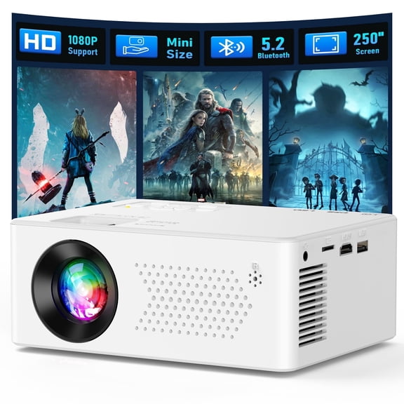 FRESHDEW Mini Projector, FHD 1080P Supported, Bluetooth Movie Projector for Home Theater, Compatible with TV Stick/Smartphone/PC/HDMI/USB