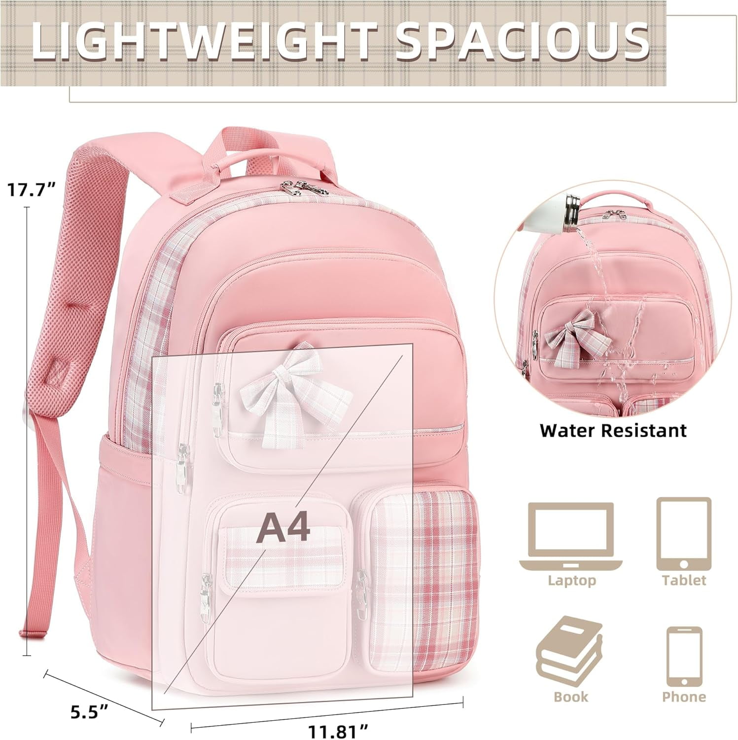 AO ALI VICTORY Backpack for Girls,School Backpacks for Teen,Cute College Bags for Women Students Large Bookbag 15.6 Inch Laptop Bag Back Pack Kids Kindergarten Elementary Casual Travel（PINK)
