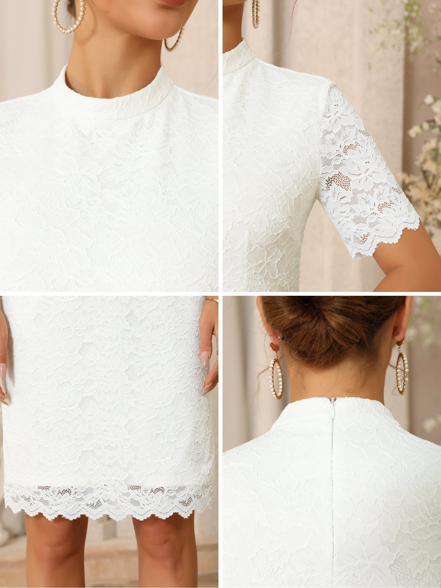 DARING DIVA Women's Lace Sheath Mock Neck Short Sleeves Dresses XL White