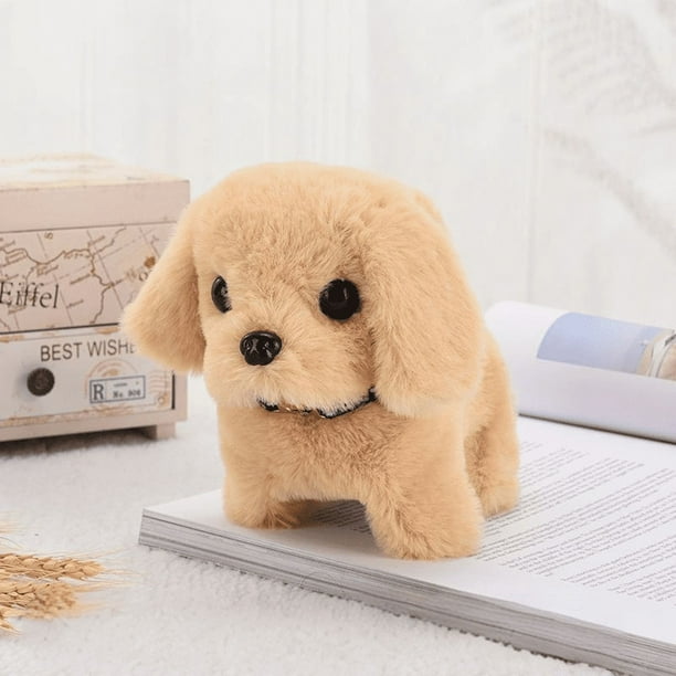 Electronic Plush Toys Puppy-Walking, Barking, Tail Wagging, Stretching Companion Animal for Kids Toddlers(Collar gold fur (beige))