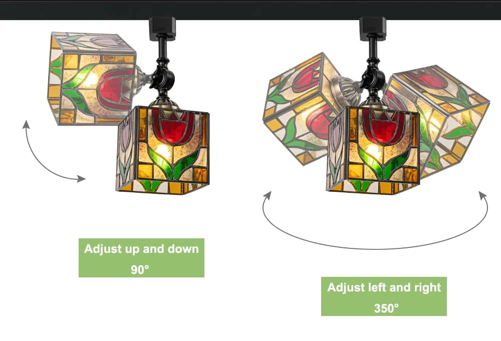 KAYYELAMP Track Mount Ceiling Light J-Type Adjustable Angle Tiffany-Style Rose Pattern Square Shade E26 Vintage Track Head Lighting for Loft Wall Painting Hallway(No Bulb, Track)