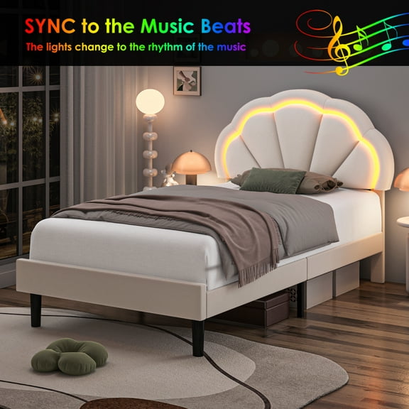 Homfa LED Bed Frame, Twin Size Velvet Upholstered Platform Bed with Adjustable Headboard, Lights Seashell Bed, Off-White
