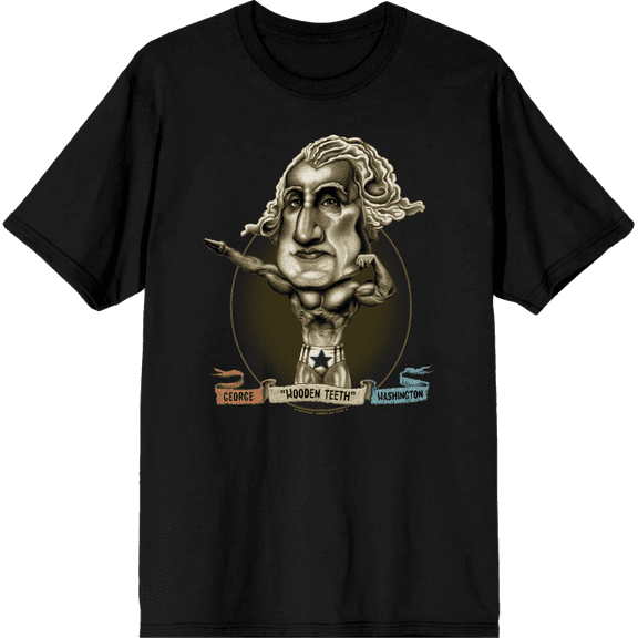 Muscular George Washington Caricature Adult Black Crew Neck Short Sleeve Tee-Medium
