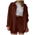 thumbnail image 1 of Conjunto de camiseta de manga larga y pantalones cortos para mujer: color liso, cintura alta con cordón, informal, 1 of 5