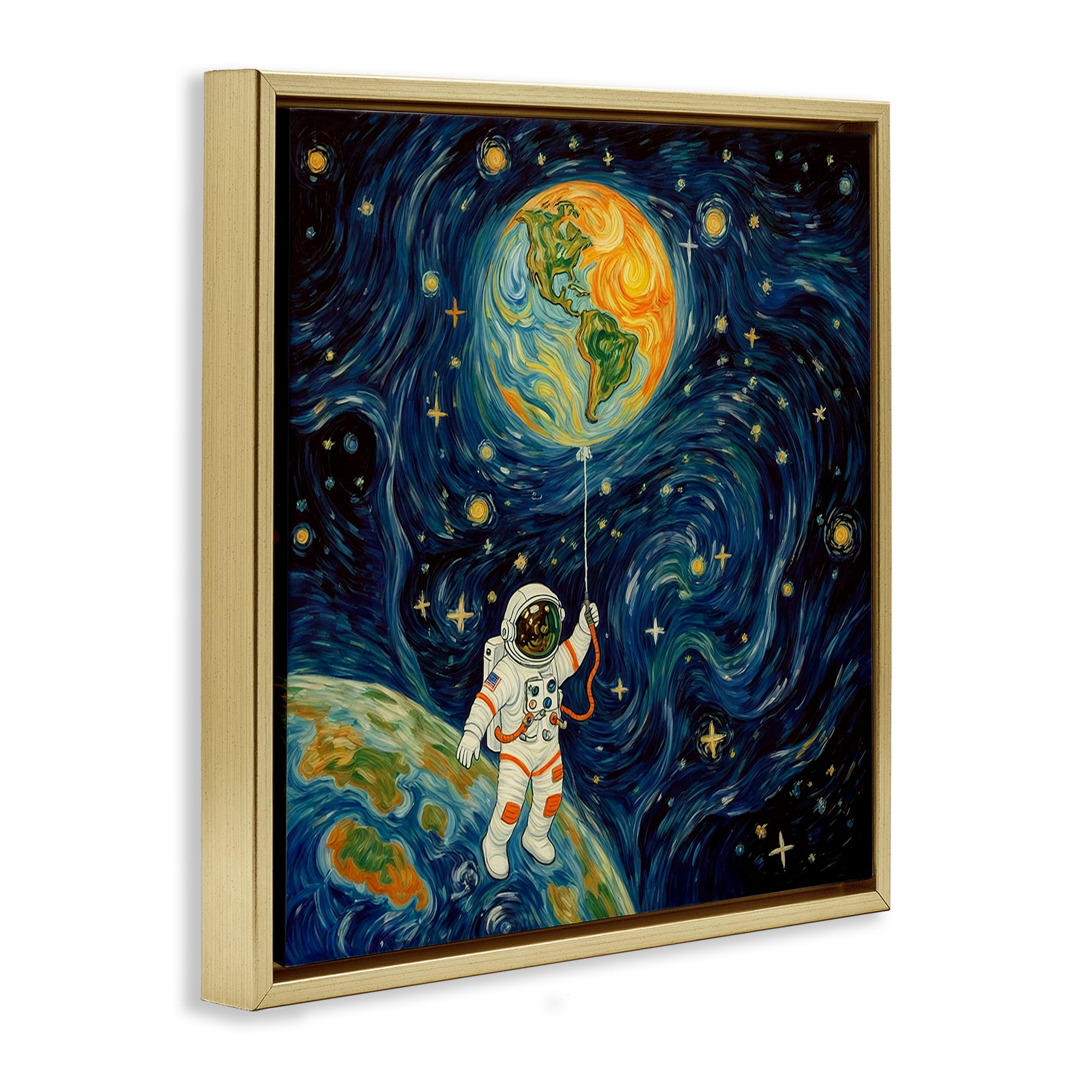 Astronaut with Earth Balloon Gold Framed Floater Canvas Wall Art, design by Angie Hawke