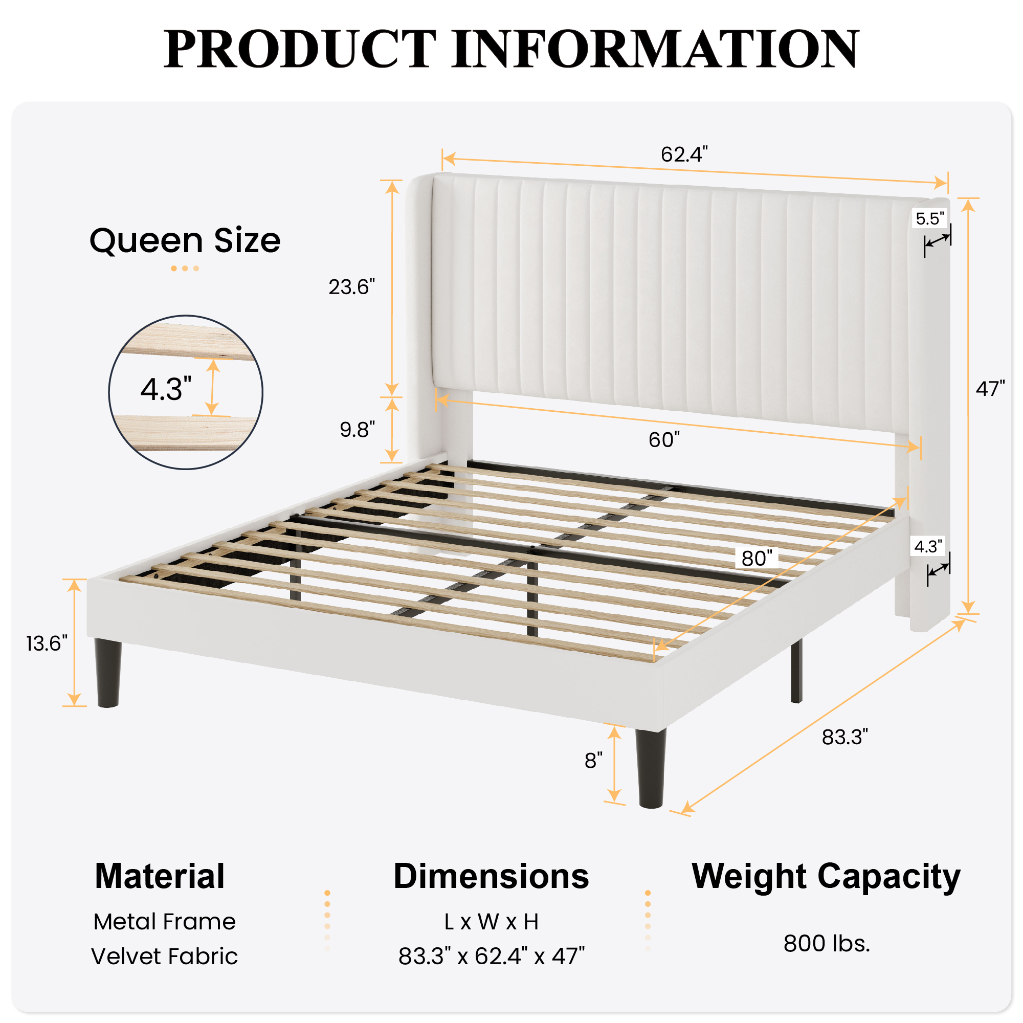 Sha Cerlin Queen Size Upholstered Platform Bed Frame with Velvet Channel Wingback Headboard, Off White