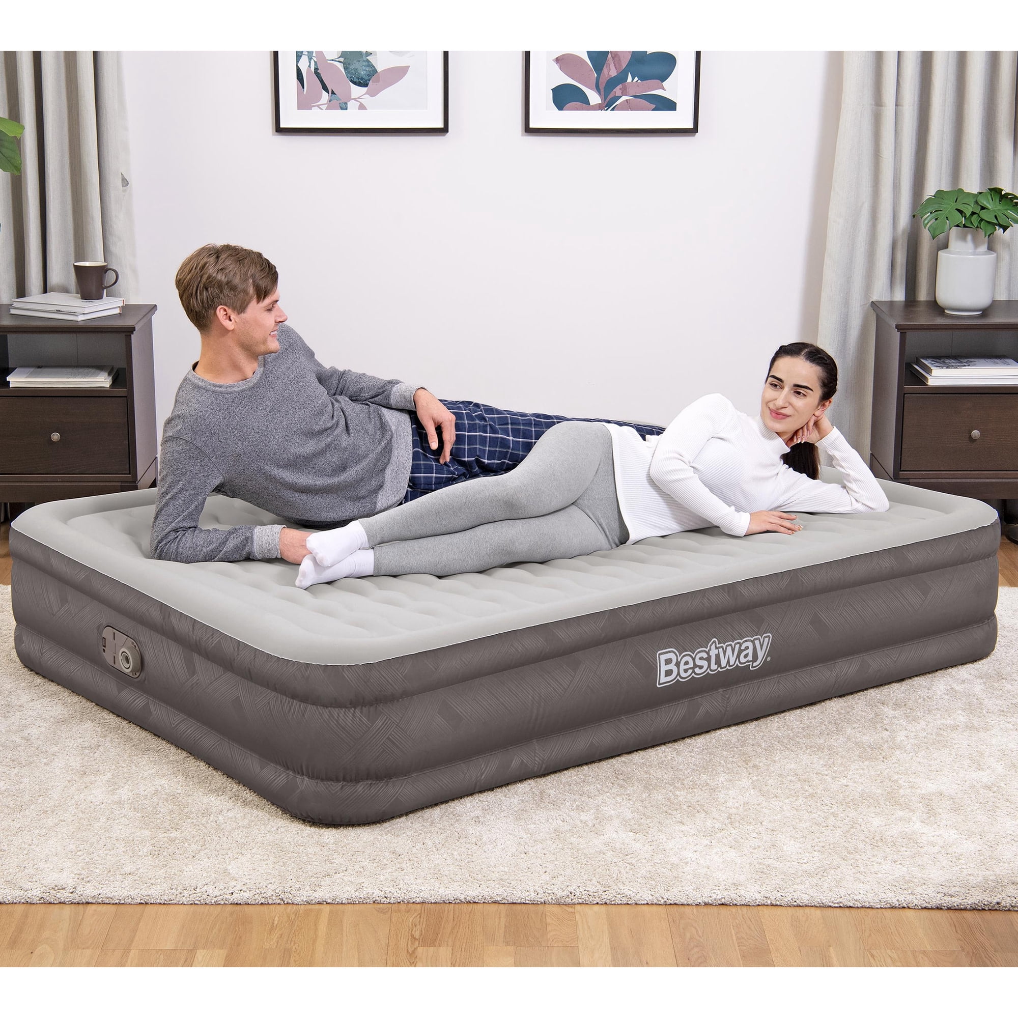 Bestway: Tough Guard 14" Air Mattress - Queen - Built-in A/C Pump, Inflatable Indoor Airbed, Wave Beam Construction, Storage Carry Bag, Luxe Surface