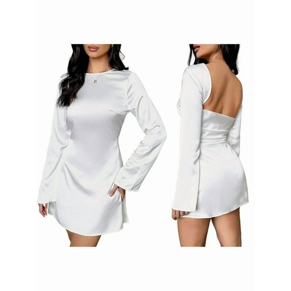 Women'S Long Sleeve Mini Dresses Trendy Y2K Short Dress White XL