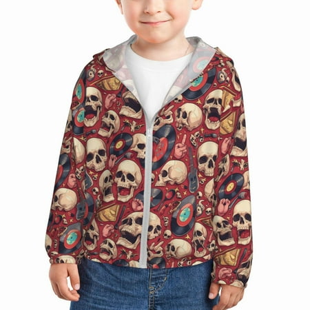 

Ocsxa Skull record Guitar music Print Kids Active Zipper Sun Protection Jacket Boys Girls Hooded Cooling Shirt-18 Months