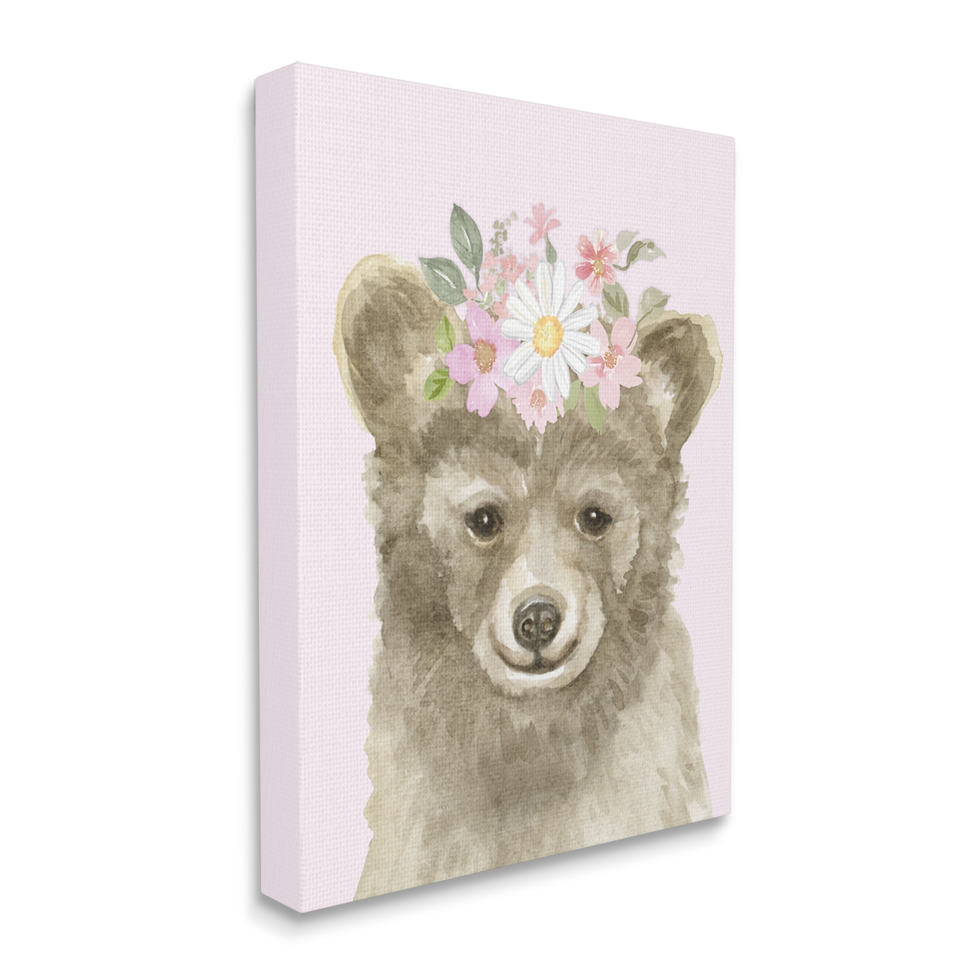 Stupell Industries Floral Bear on Pink Animals & Insects Painting Gallery Wrapped Canvas Print Wall Art, 36 x 48