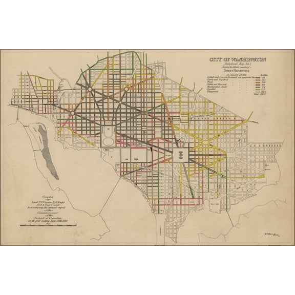24"x36" Gallery Poster, map of street pavement washington d.c. 1880