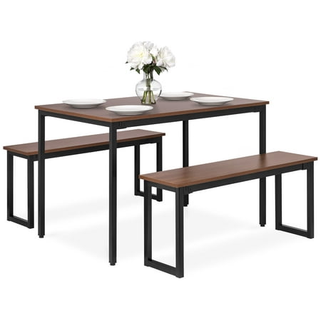 Best Choice Products 3-Piece 4ft Modern Rectangular Soho Dining Table Set w/ 2 Benches, Wood Finish Tabletop, Steel