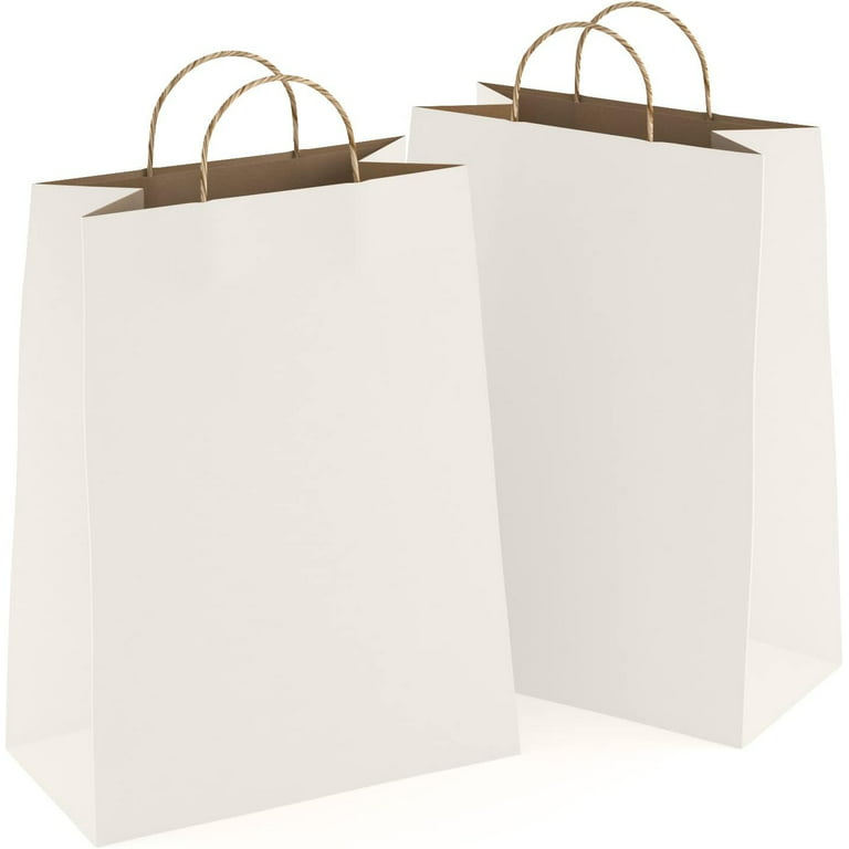 25 Pack White Kraft Paper Shopping Bags 13 x 7 x 17 Paper Bags /w Handles