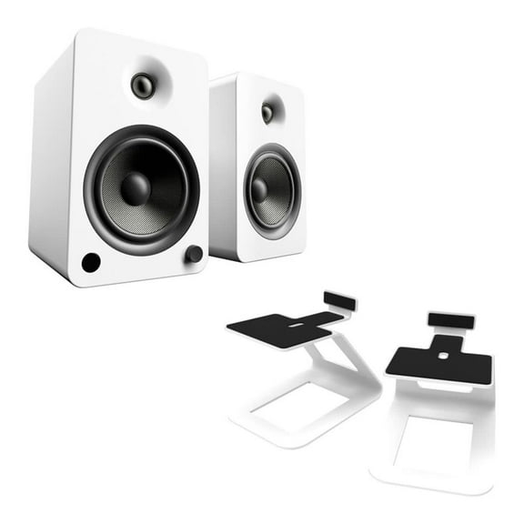 Kanto YU6 Powered Bookshelf Speakers (Matte White) with SE6 Elevated Desktop Speaker Stands (White)