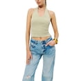 thumbnail image 1 of Opperiaya Women's Summer Knit Cami Tops Solid Color V Neck Backless Halter Neck Ribbed Crop Tops, 1 of 6
