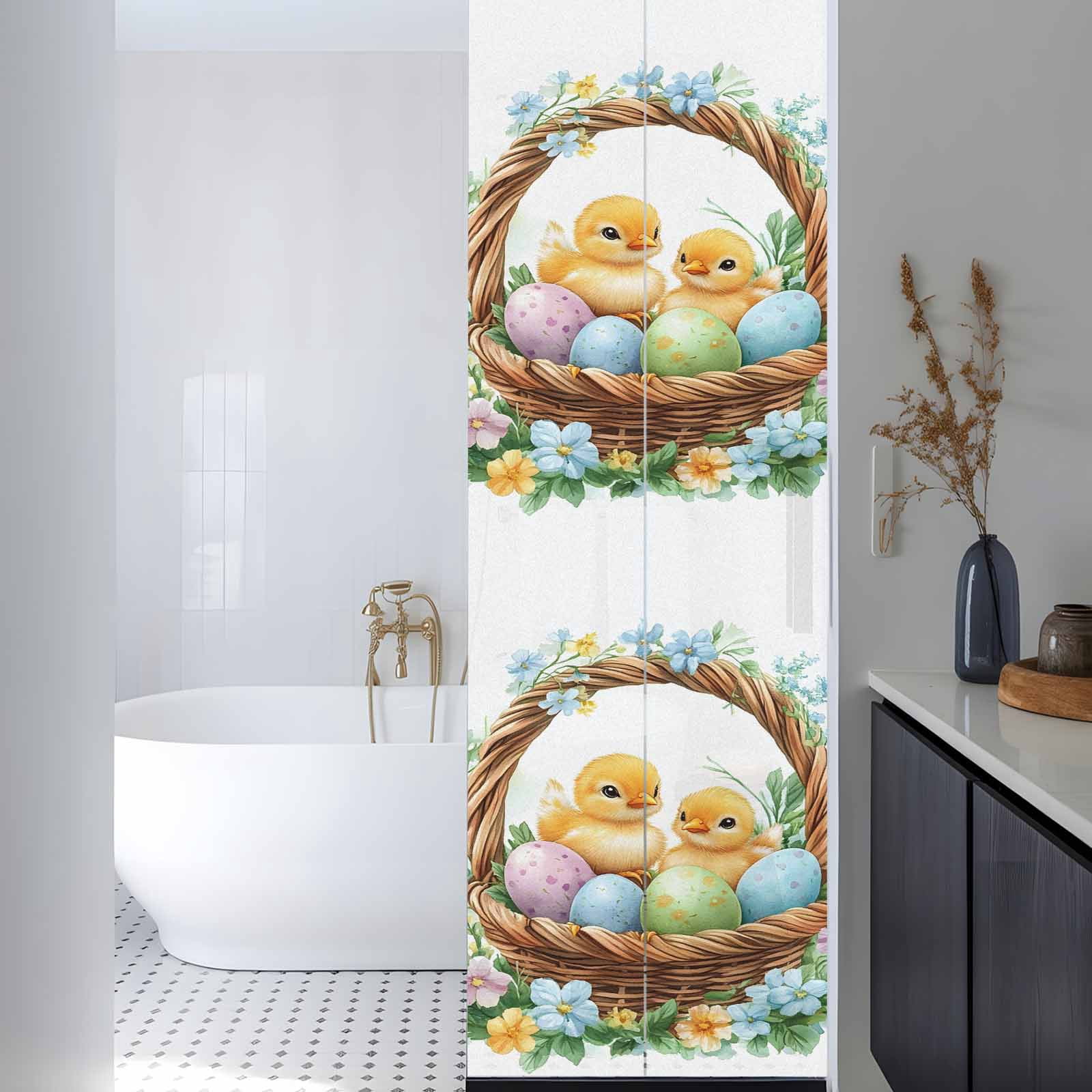 Easter Basket Chick Window Privacy Film, Watercolor Purple Blue Eggs Spring Blue Floral Leaf Frosted Glass Window Clings Static Cling UV Heat Blocking Reusable Door Sticker for Bedroom 23.6x78.7 Inch