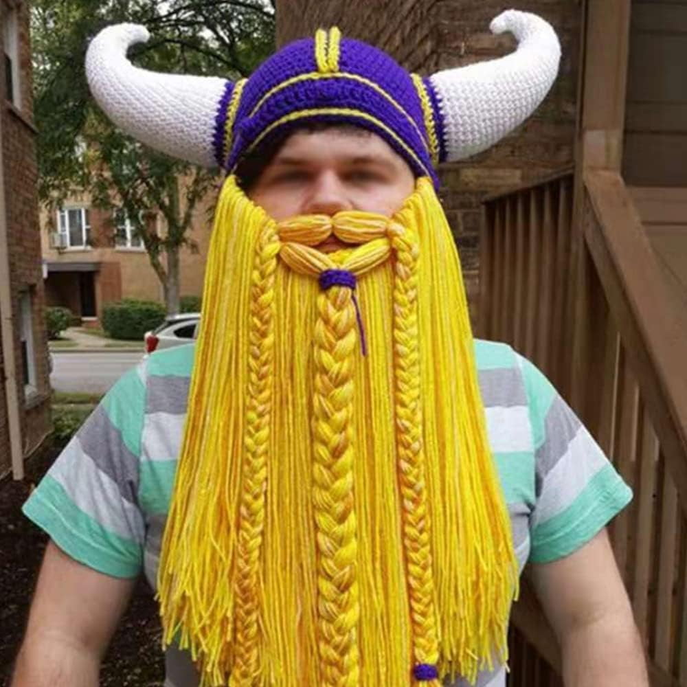 YEKEYI Big Horn Viking Hat Beanie Beard Viking Knit Hat Barbarian Funny Ski Cap Funny halloween hat christmas hat