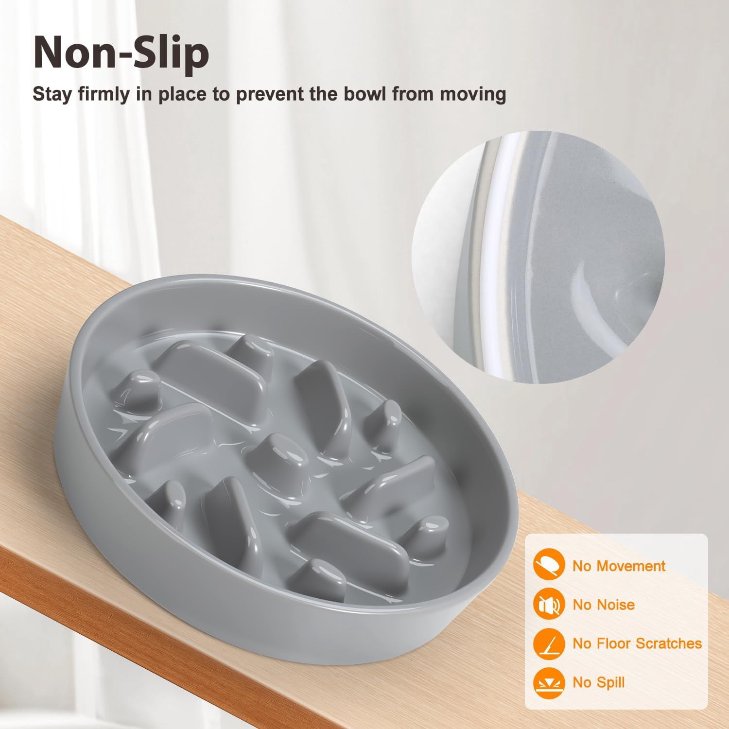 Ceramic Slow Feeder Dog Bowl, 1.5 Cups Dog Food Bowls for Small, Medium, and Large Breed, Anti-Slip Puzzle Food Dish to Slow Down Eating (Grey, 1.5 Cups)