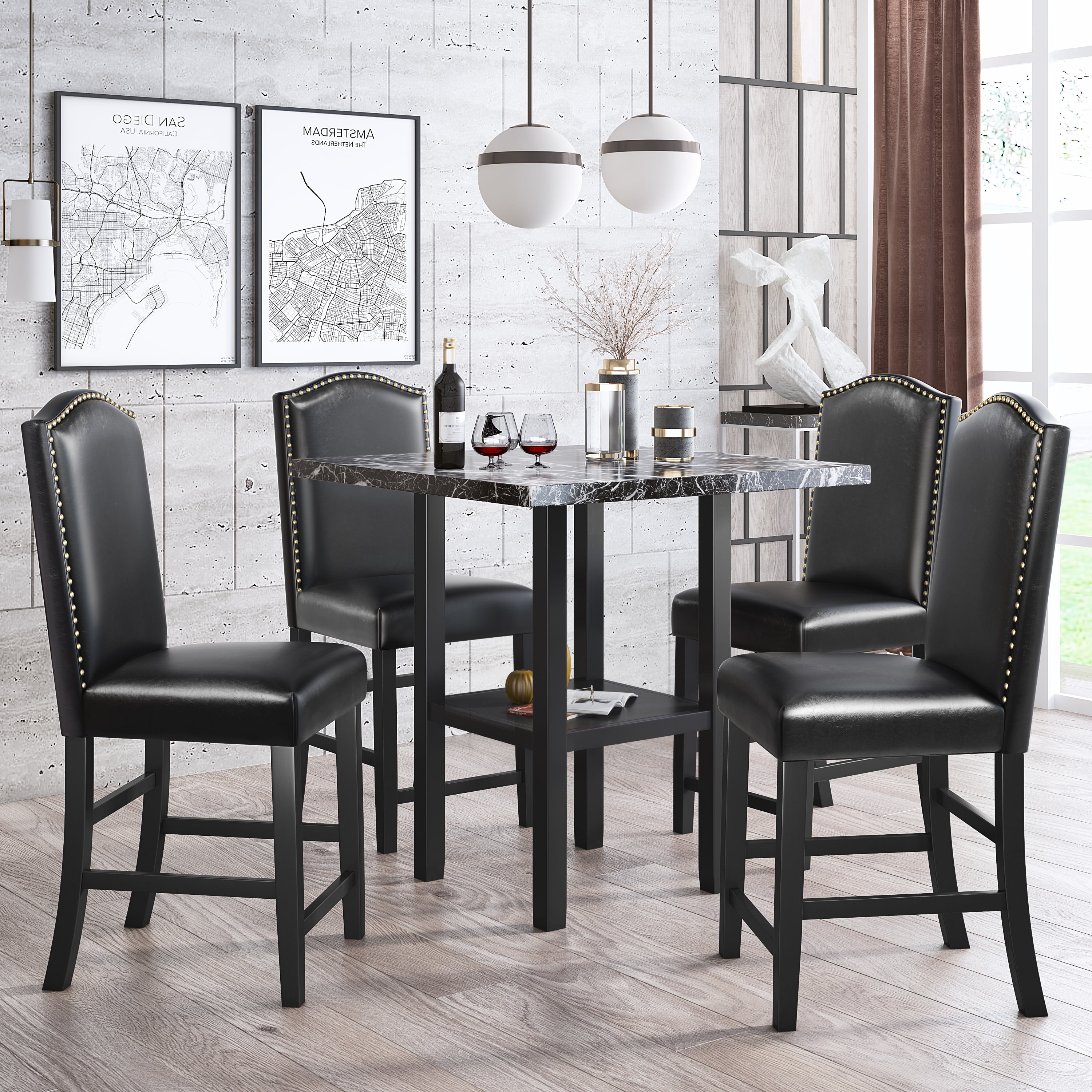 5 Piece Dining Table And Chair Set, Light Grey Wooden Dining Table And Chairs Set