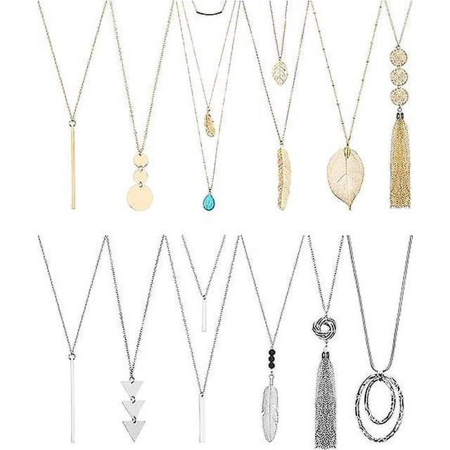 Juego de 12 piezas de collares largos con colgante en forma de Y, collar con barra circular con borlas de hojas para mujer