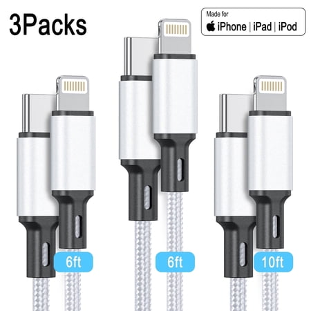 Cshidworld USB C To Lightning Cable [MFi Certified] 3Pack 6/6/10FT ,Fast Charger Cable Type C Charging Cord Compatible with iPhone 14/13/13 Pro Max/12/12 Pro Max/11/xs/xr/x/8/iPad, Silver