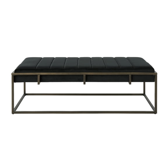 Black Channel Tufted Velvet Bench Ottoman Brass Finish Metal Frame 49 Inch
