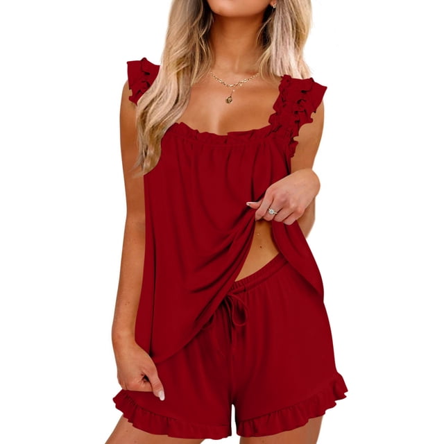 Dazajoo Women's Ruffle Trim Pajama Set Square Neck Tank Tops and Drawstring Shorts 2 Piece Comfy Soft Sleepwear,Wine,S