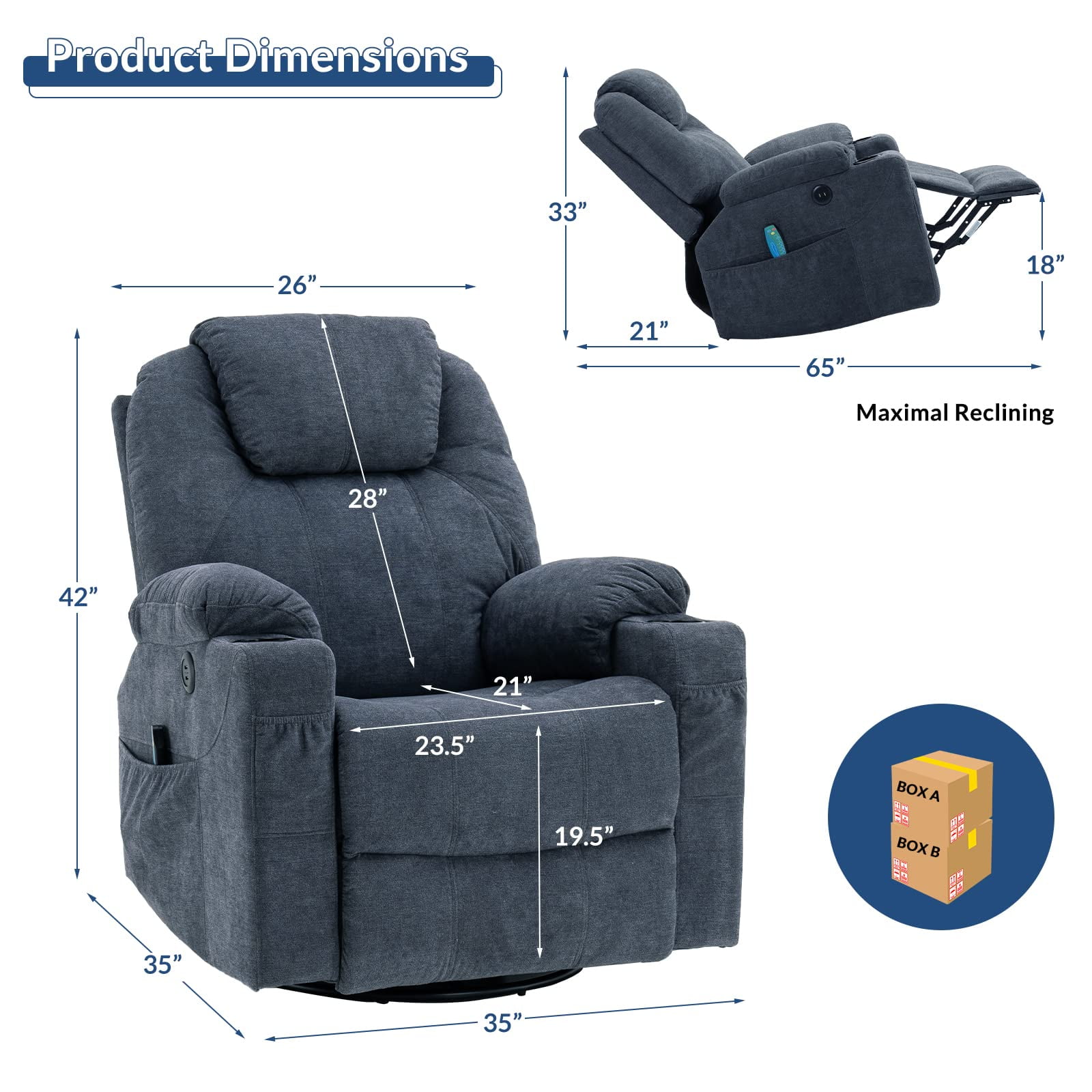 VIVIJASON Manual Massage Rocker Recliner Chair, 360° Swivel Glider Lounge Chair with Heat Ergonomic Home Theater Recliner Sofa with 2 Cup Holders, Side Pockets & USB Ports for Living Room, Bluish Grey