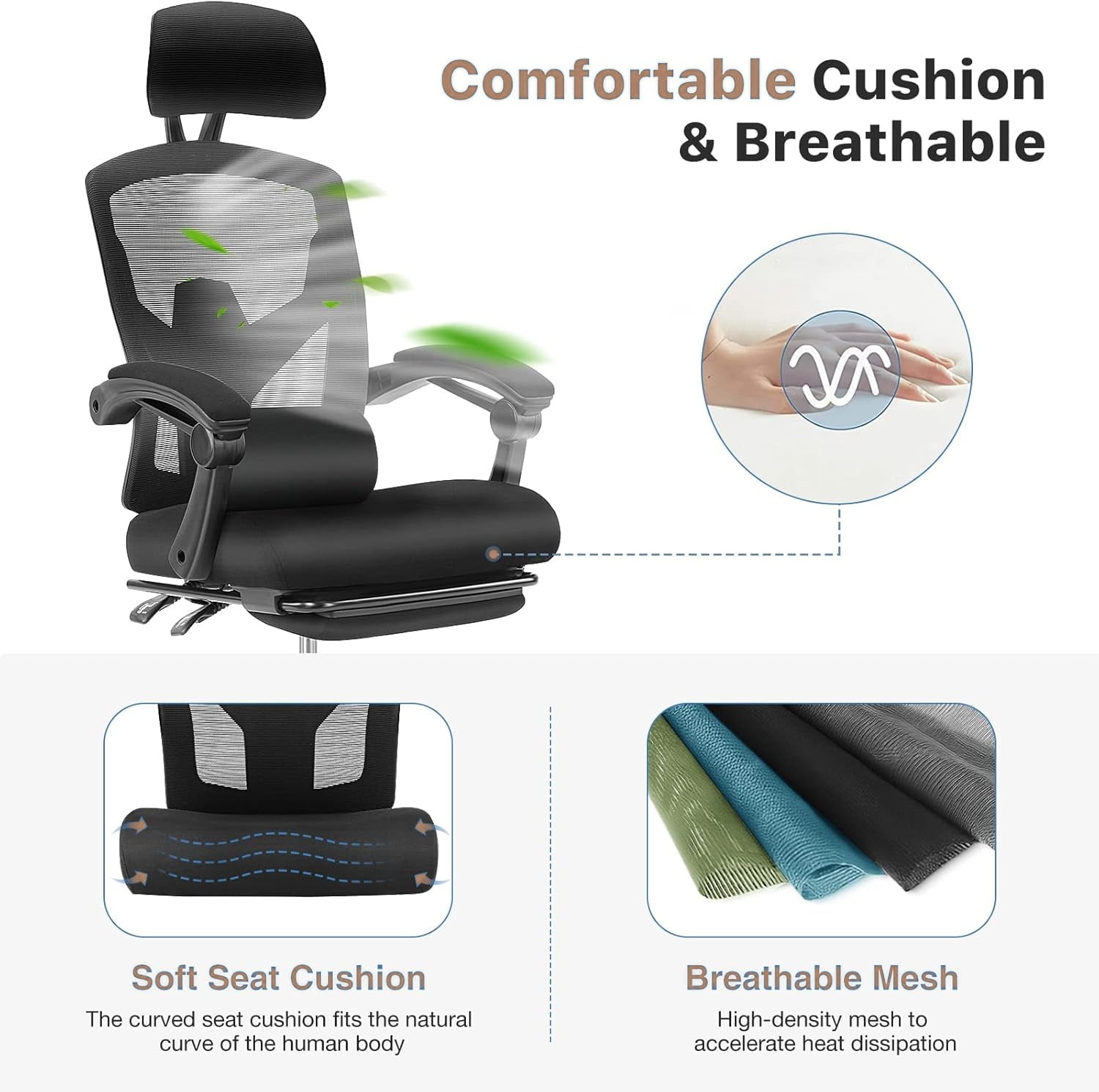Office Computer Desk Chair, High-Back Ergonomic Mesh Swivel Chair with Lockable Recline, Adjustable Lumbar Support, Retractable Footrest & Padded Arms for Home Office, Study, and Gaming, Black