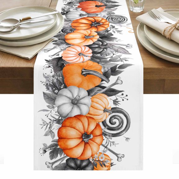 Halloween Table Runner - 60 Inch Long, Kitchen Dining Table Runner Dresser Scarves, Vintage Grey Orange Pumpkin Leaves Skull Farmhouse Decor for Coffee Tables Wedding Party Banquet
