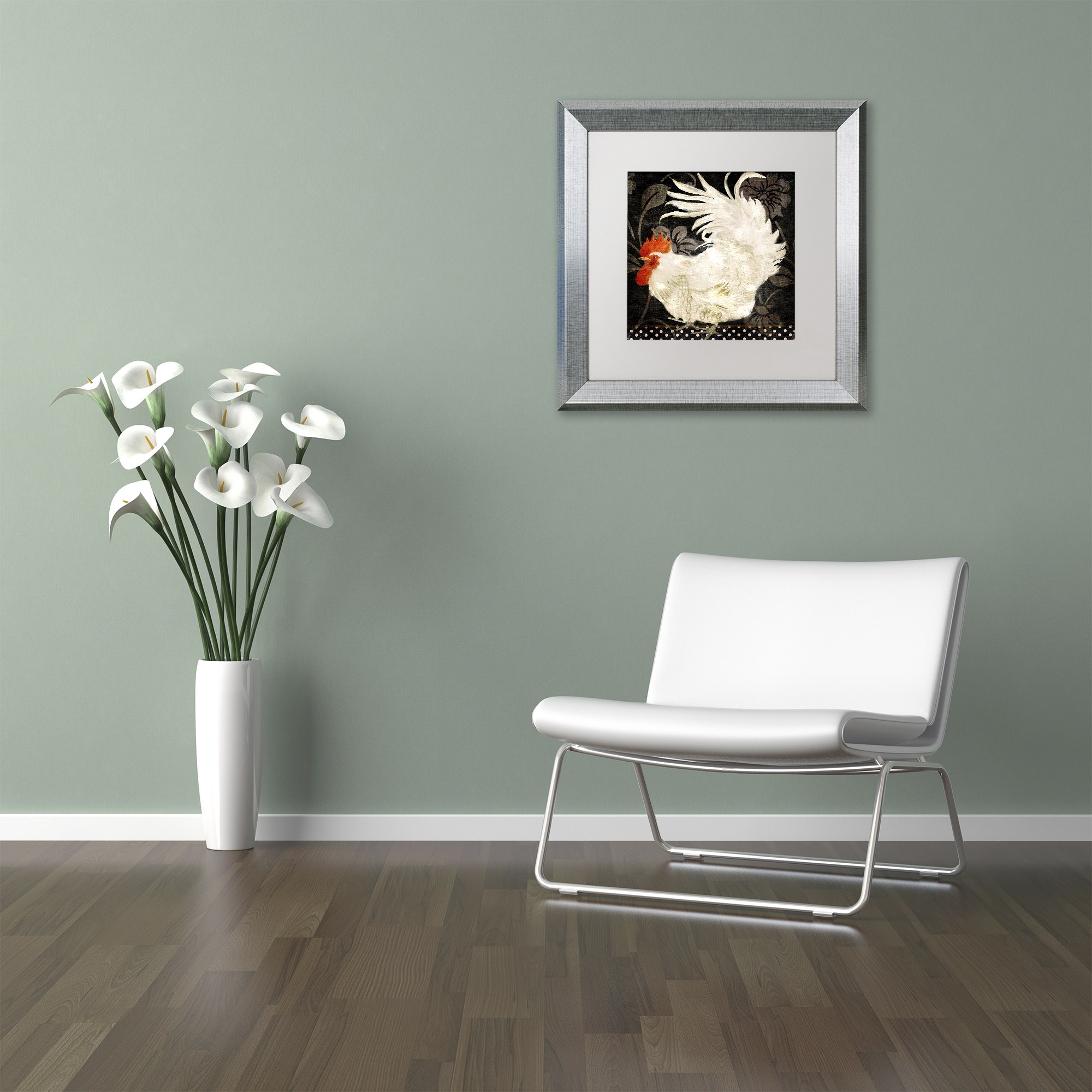 Trademark Fine Art "Rooster Damask I" Canvas Art by Color Bakery White Matte, Silver Frame