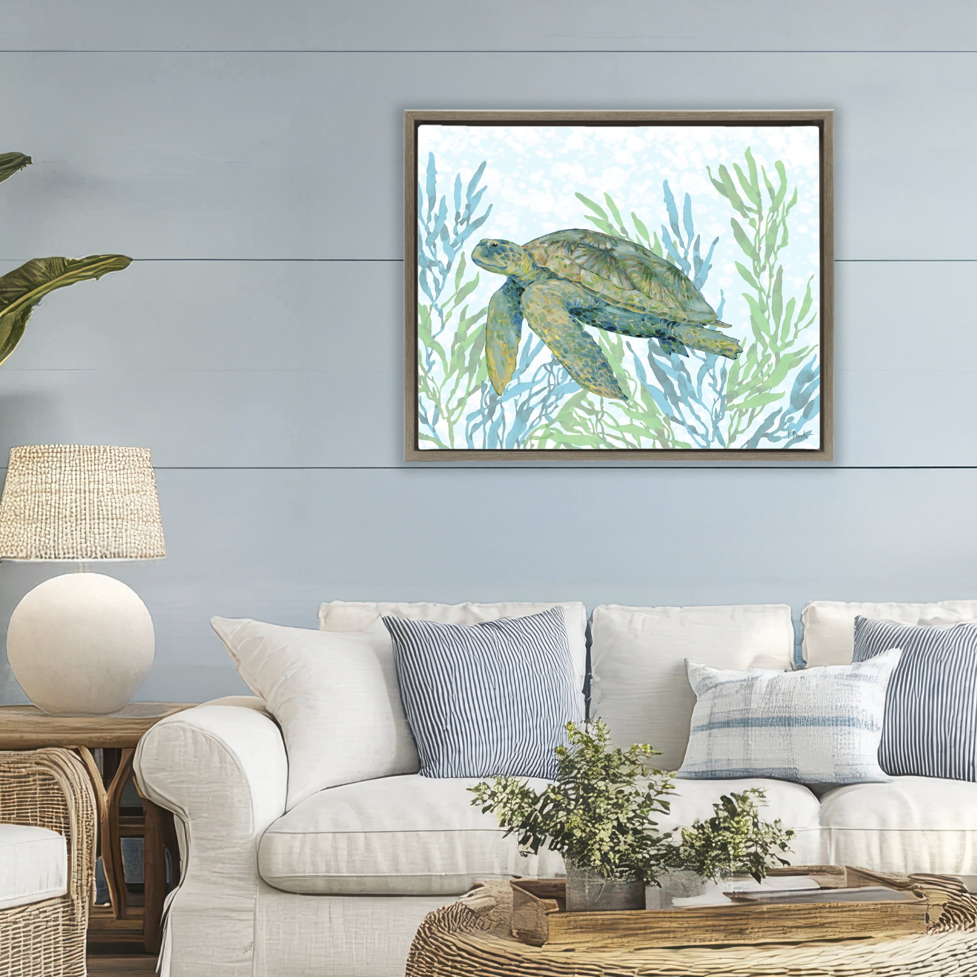 Stupell Industries Tasman Turtle in Seagrass Brown Framed Floater Canvas Wall Art, design by Paul Brent