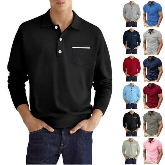 Elvqul Men's and Big Men's Shirts Long Sleeve Tops for Men Collared Black Pullover Polo Shirts