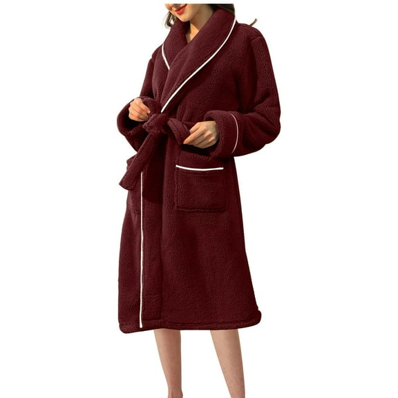 Oksale Plush Towel Robe for Women Trendy Shawl Collar Bathrobe with Pockets Plus Size Comfy Long Sleeve Midi Robes with Belt Ultra Soft Warm Winter Loungewear Wine M