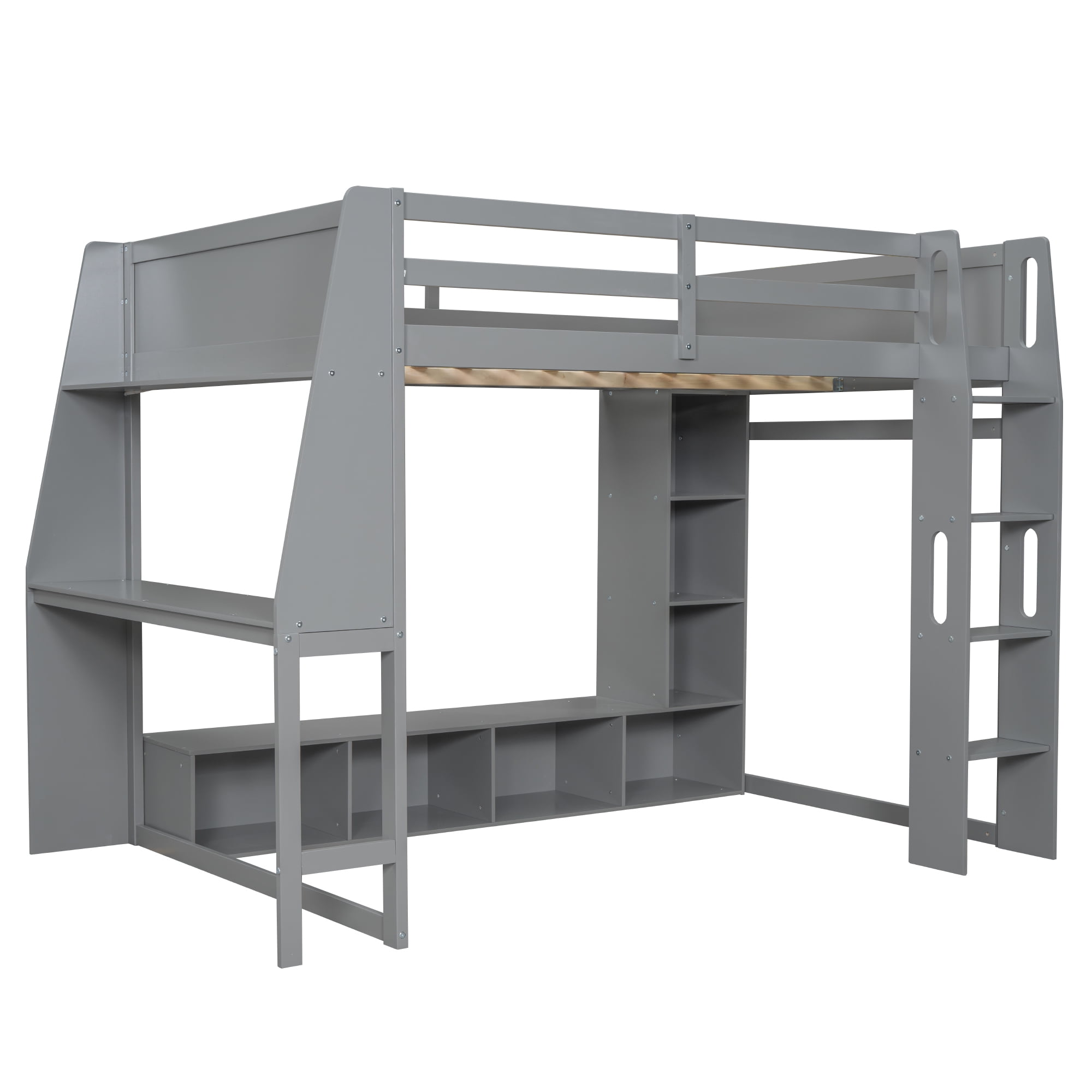 Euroco Wood Full Size Loft Bed with Desk and Shelves, Gaming Bed with LED Light and Clothes Rack for Kids Teens, Gray