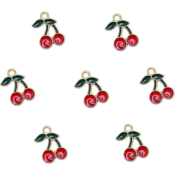 U8MO 100x Enamel Red Cherry Charms Pendants for Bracelet Jewelry Making Accessories