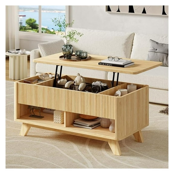 Lift Top Coffee Table, Century Modern Fluted Coffee Table with Storage, Rising Wood Center Table for Living Room, Office, Natural Oak