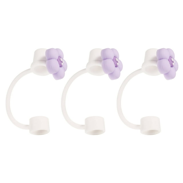 3 piezas de tapa de silicona con flor morada para vaso con popote, puntas de popote reutilizables a prueba de polvo de 10 mm/0.4 in.