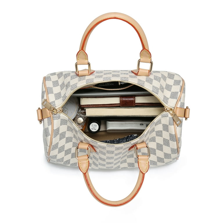 Twenty Four Checkered Tote Bags Shoulder Bag Women Fashion Purses Leather Satchel Handbags with Adjustale Cross Body Strap (Cream), Women's, Size
