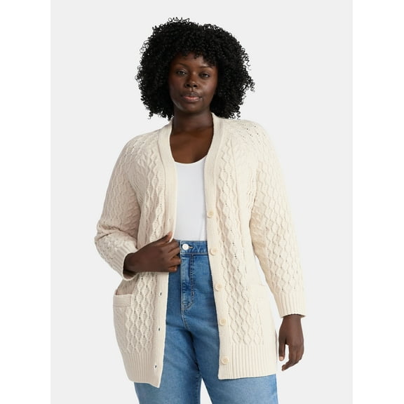 Terra & Sky Women’s Plus Chenille Boyfriend Cardigan Sweater, Midweight, Sizes 0X-4X