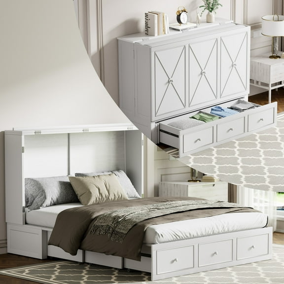 MUZZ Murphy Bed Chest with Foam Mattress, Queen Size Cabinet Bed with Charging Station and Large Drawer (Style 19, White)